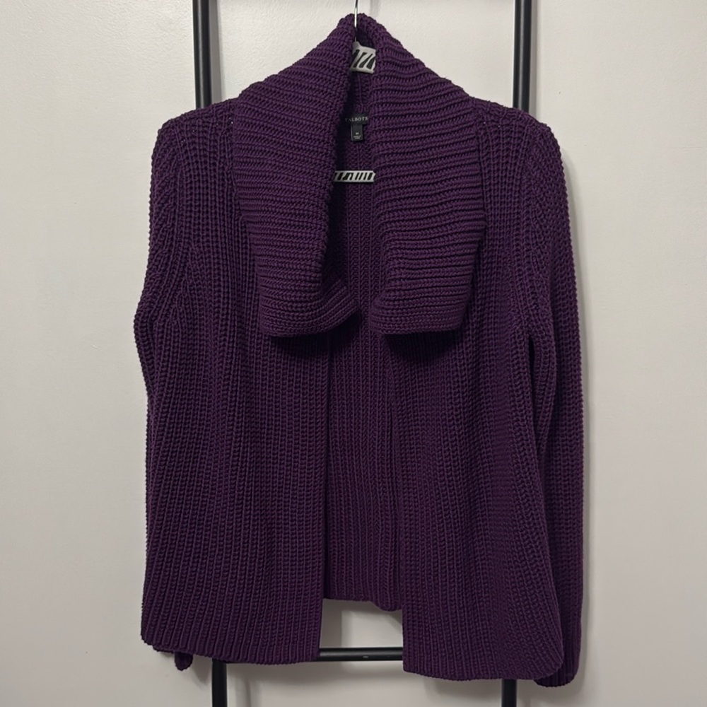 Talbots Chunky Purple Knit Open Front Cardigan Sweater Collared Cotton Size M